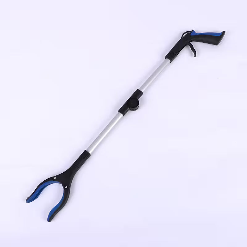 Telescopic pole with black and blue handles on a white background