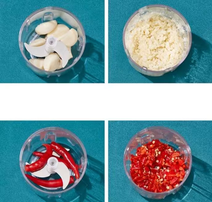 Step-by-step process of using a food processor to chop garlic and red chili peppers on a blue background.