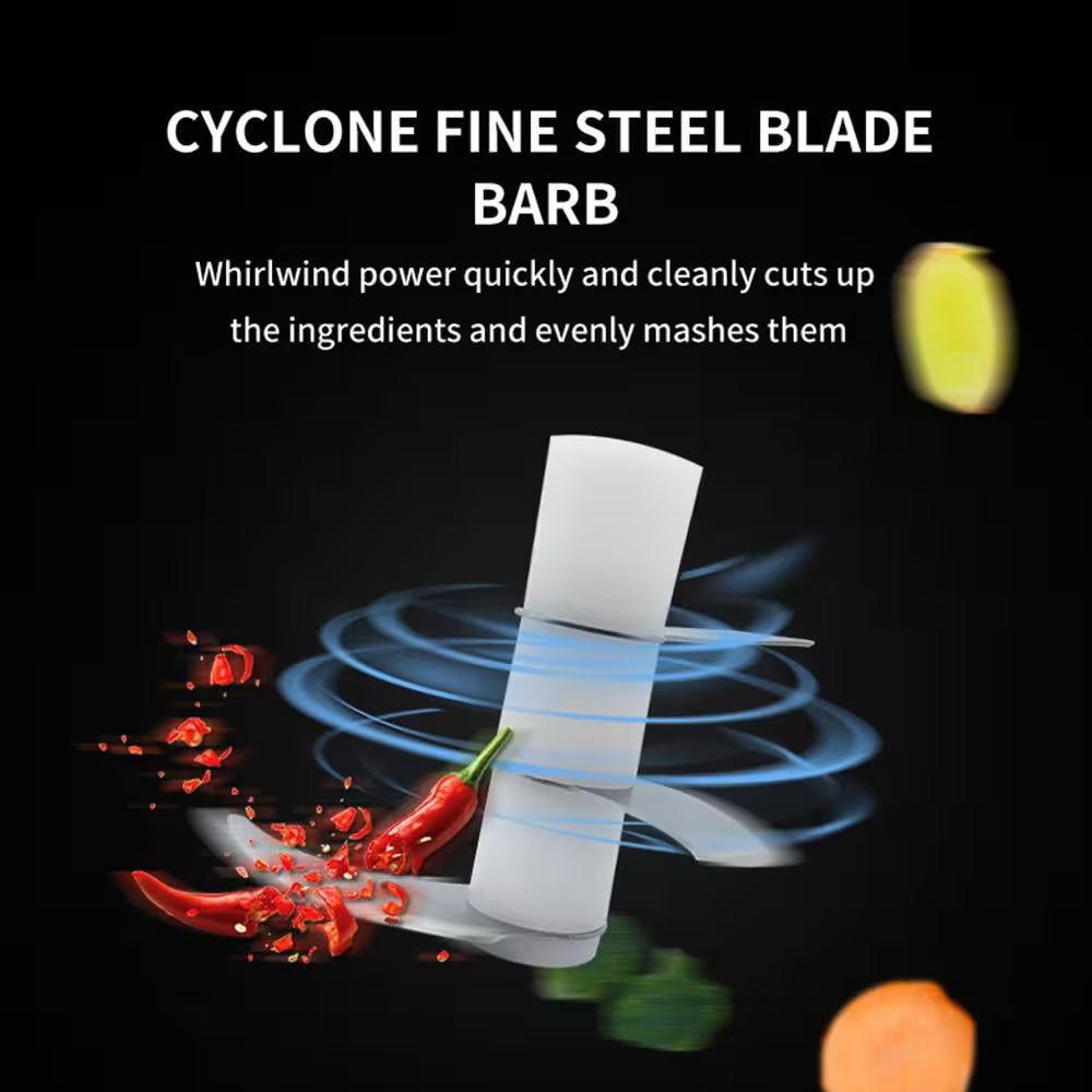 Cyclone fine steel blade with swirling effect and ingredients being processed on a dark background