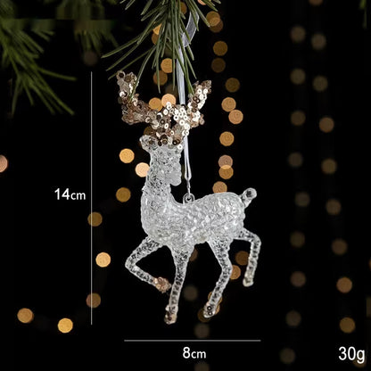 Silver deer ornament with measurements against a blurred light background