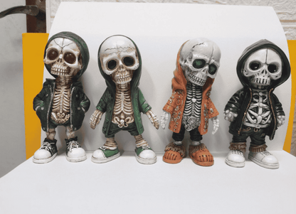 Four skeleton figures in various outfits on a white surface with a yellow border.
