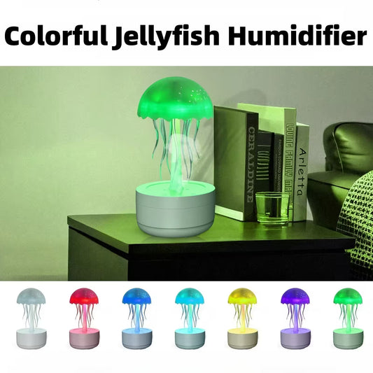 Colorful jellyfish humidifier on a table with color options displayed below.