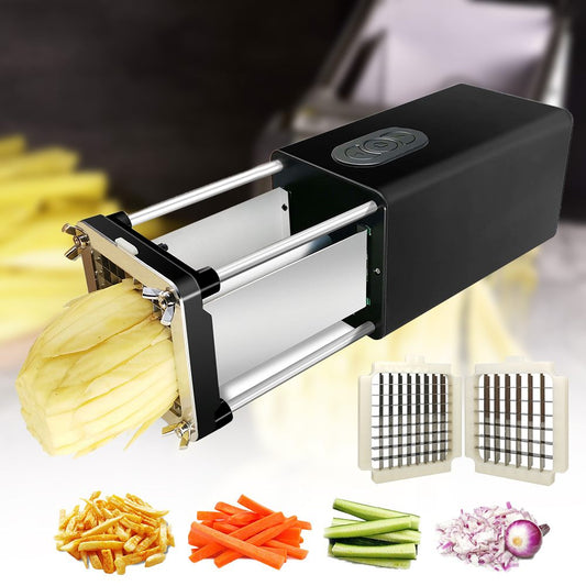 Vegetable cutter with sliced vegetables on a white background