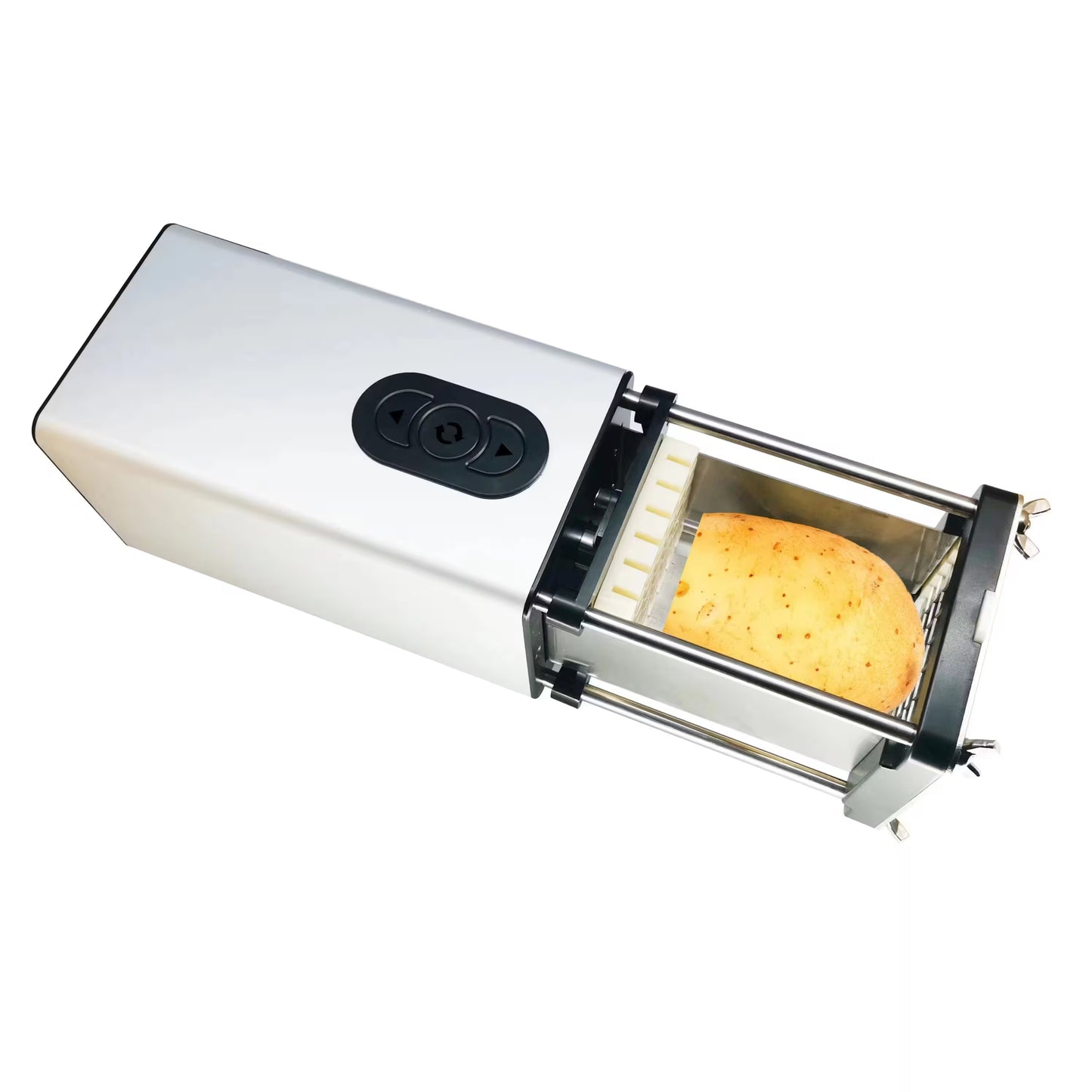 Small appliance with a door open, revealing a piece of bread inside on a white background