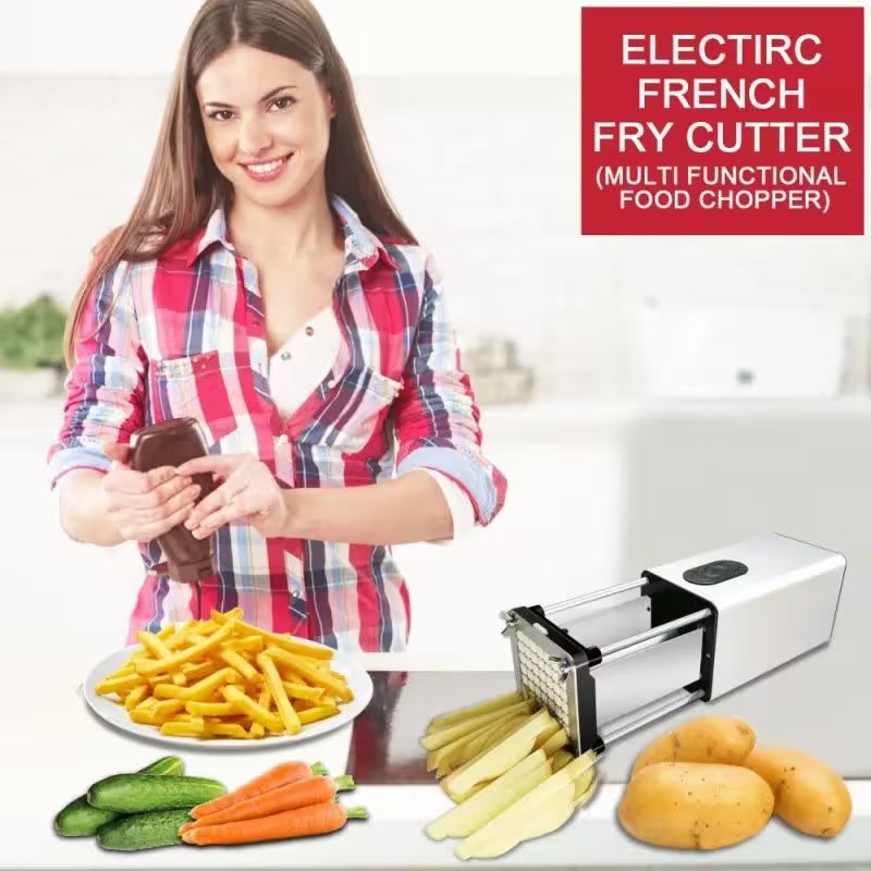 Woman holding a smartphone with an electric french fry cutter and food items on a table.