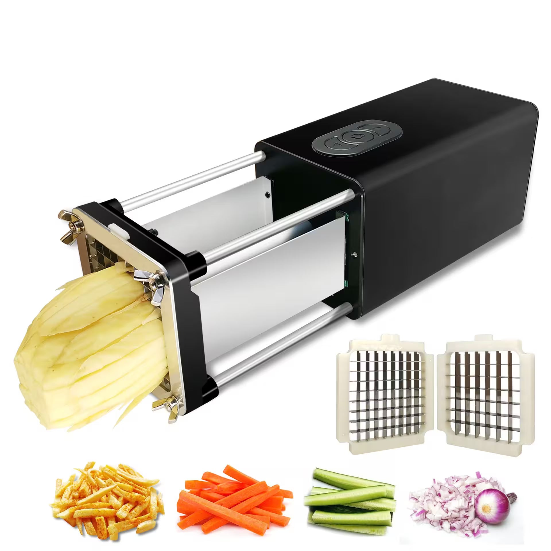 Black and silver vegetable slicer with sliced vegetables on a white background