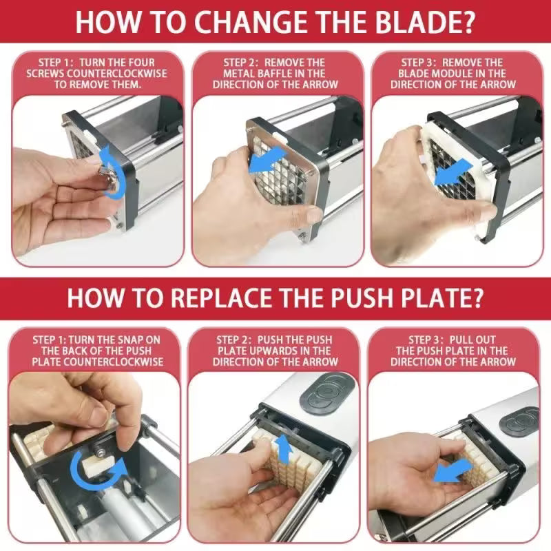 Step-by-step guide on how to change the blade and replace the push plate of a kitchen appliance.