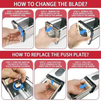 Step-by-step guide on how to change the blade and replace the push plate of a kitchen appliance.