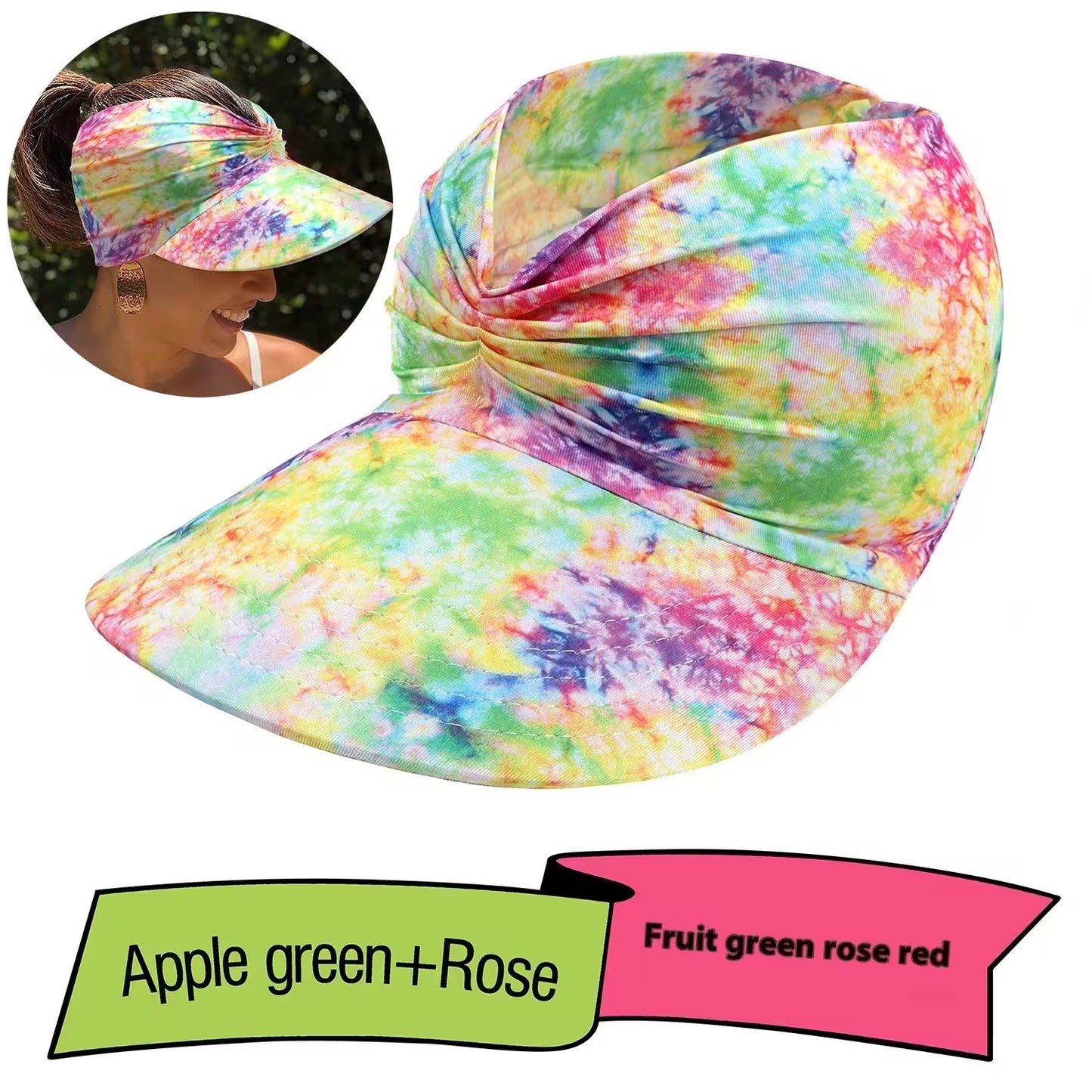 Colorful tie-dye visor hat with a close-up inset of a person wearing it.