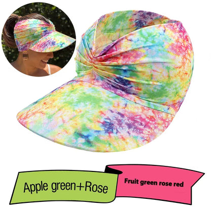 Colorful tie-dye visor hat with a close-up inset of a person wearing it.