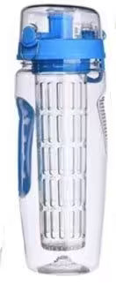 Clear water bottle with blue lid and handle on a white background