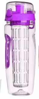 Clear water bottle with purple lid and handle
