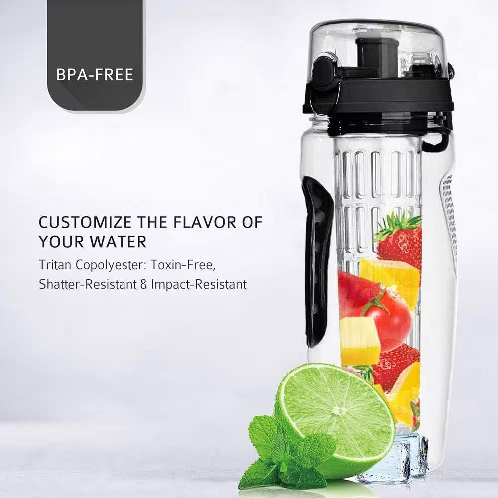 BPA-free water bottle with fruit infuser on a white background