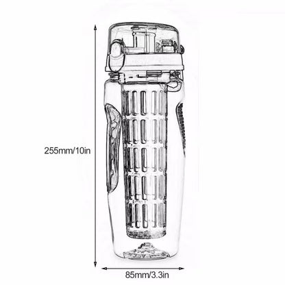 Clear water bottle with dimensions labeled on a white background