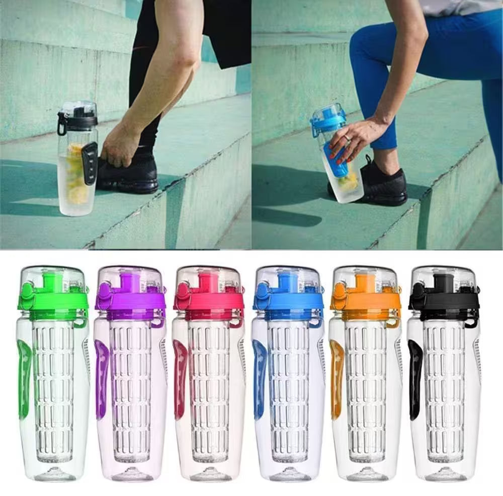 Collage of a person holding a water bottle with colorful lids on a concrete surface.