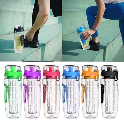 Collage of a person holding a water bottle with colorful lids on a concrete surface.