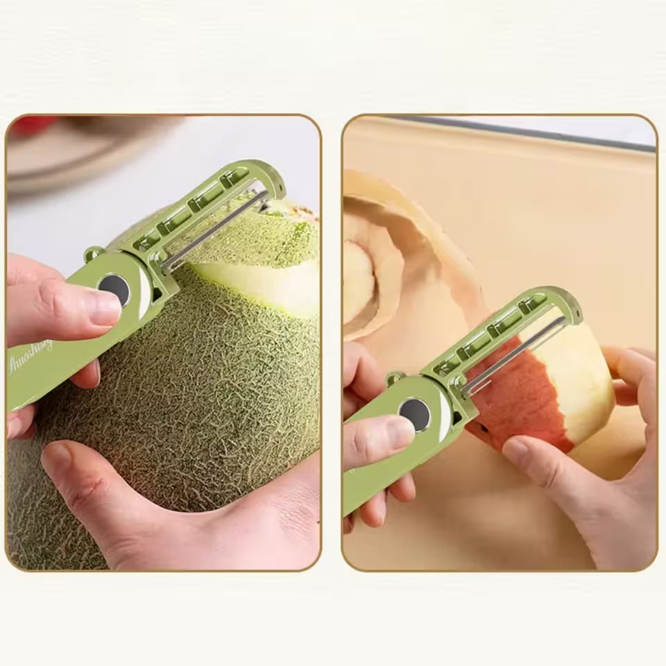 Green melon peeler being used on a cantaloupe and honeydew.