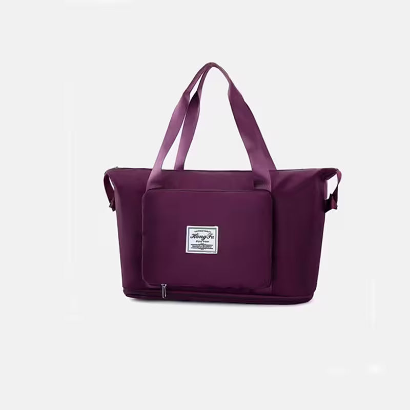 Purple tote bag with a visible brand label on a light gray background