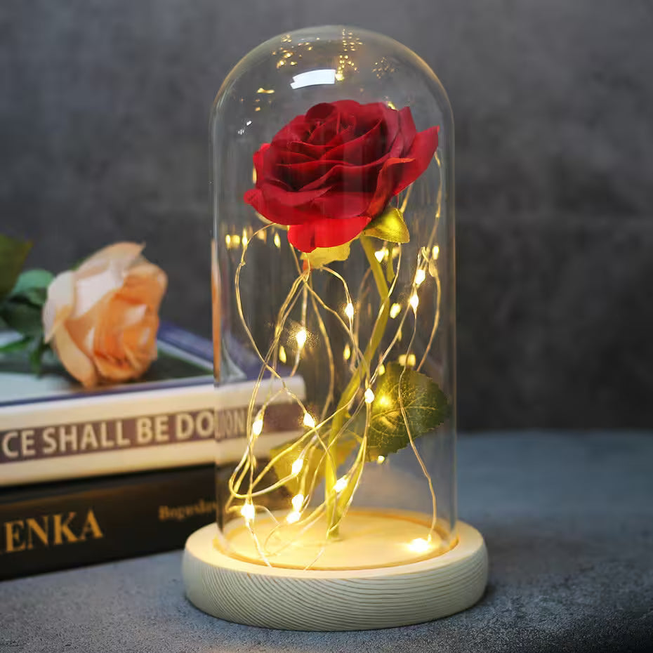 Red rose in a glass dome with LED lights on a wooden base, placed on a surface with books in the background.