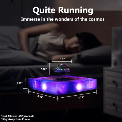 Purple glowing device on a table with text about immersing in the wonders of the cosmos.