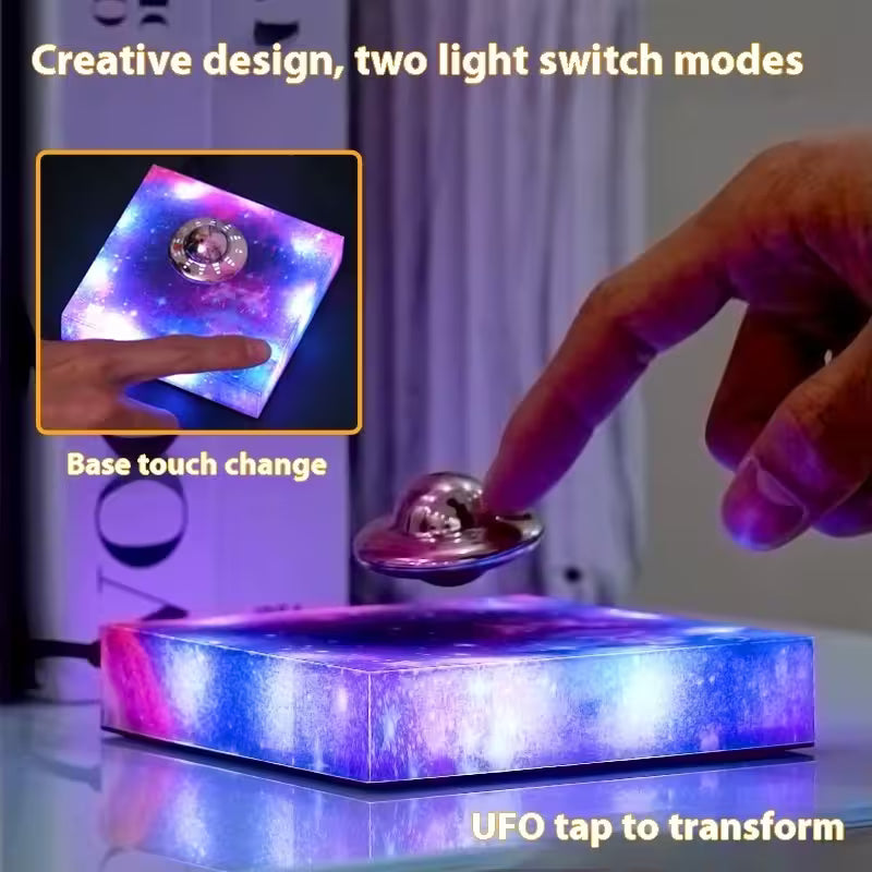Light-up UFO device with a hand pressing a button, showing two light switch modes.