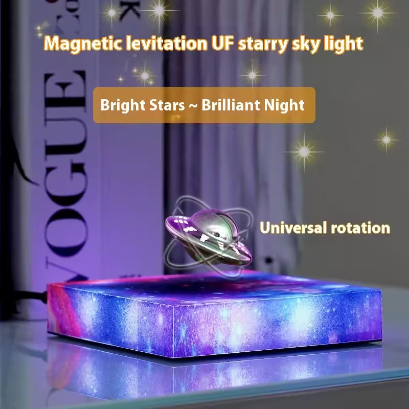 Magnetic levitation UF starry sky light with 'Bright Stars ~ Brilliant Night' text and 'Universal rotation' feature.