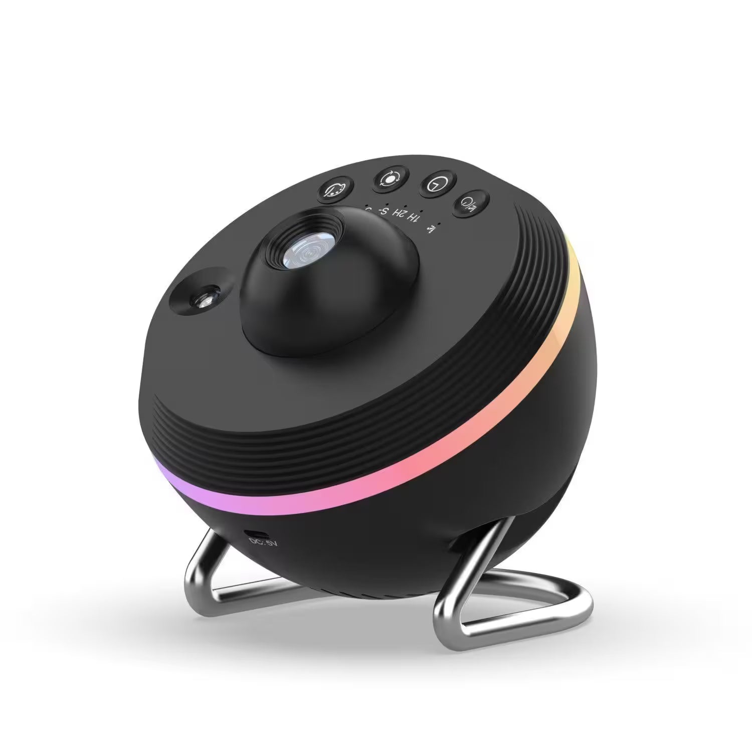 Black electronic device with colorful lighting on a white background