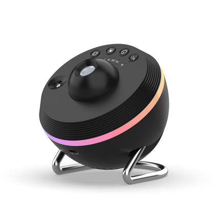 Black electronic device with colorful lighting on a white background