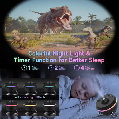 Dinosaur-themed night light with timers and fantasy light effects displayed on a screen.