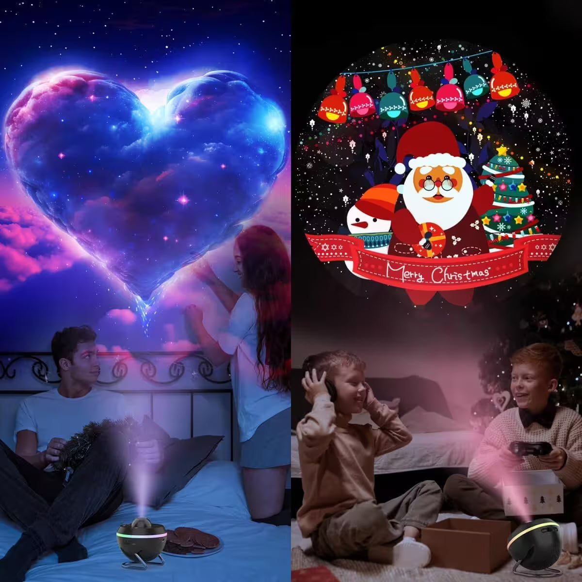 Two images: one of a couple in bed with a heart-shaped projection, and another of children playing with a Christmas-themed light projector.