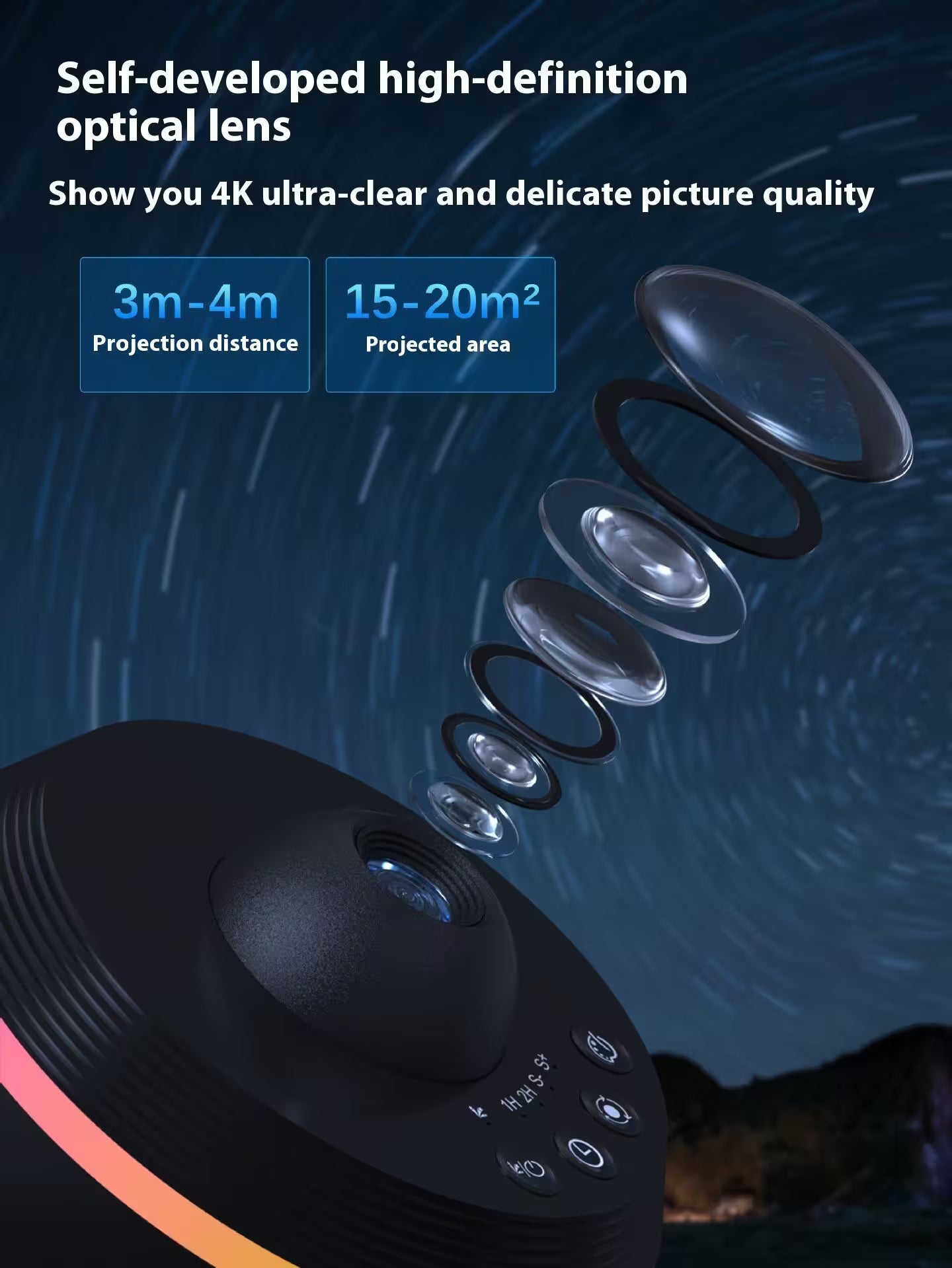Projector with high-definition optical lens features and specifications on a dark background
