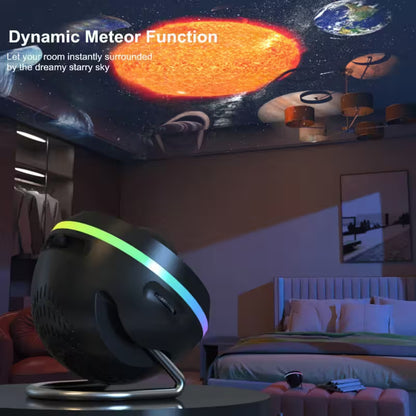 Ceiling projector displaying a dynamic meteor function in a bedroom setting