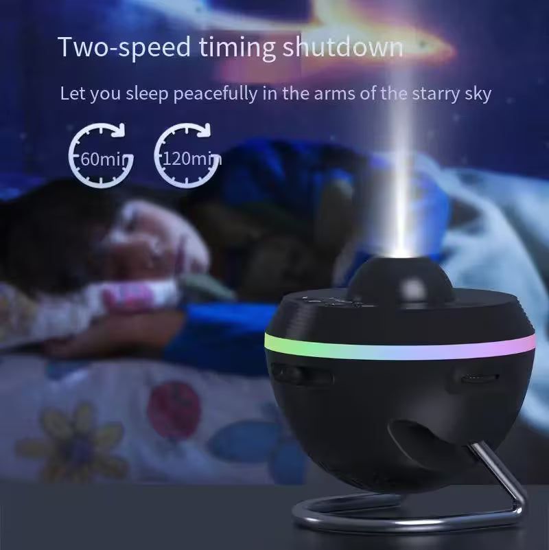 Black night light projector with two-speed timing shutdown feature, used to create a calming effect for sleep.