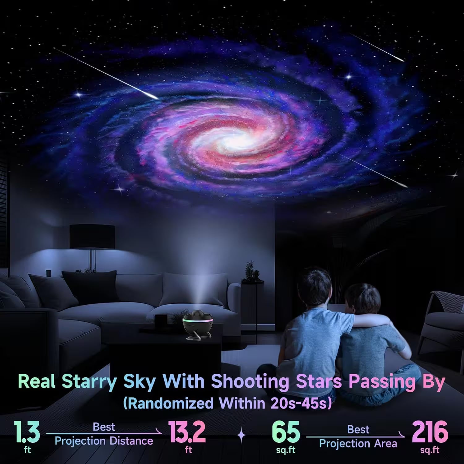 Living room with a starry sky projection on the wall, showing a spiral galaxy.