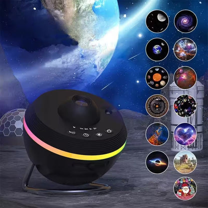 Black planetarium projector with colorful projection modes on a space-themed background
