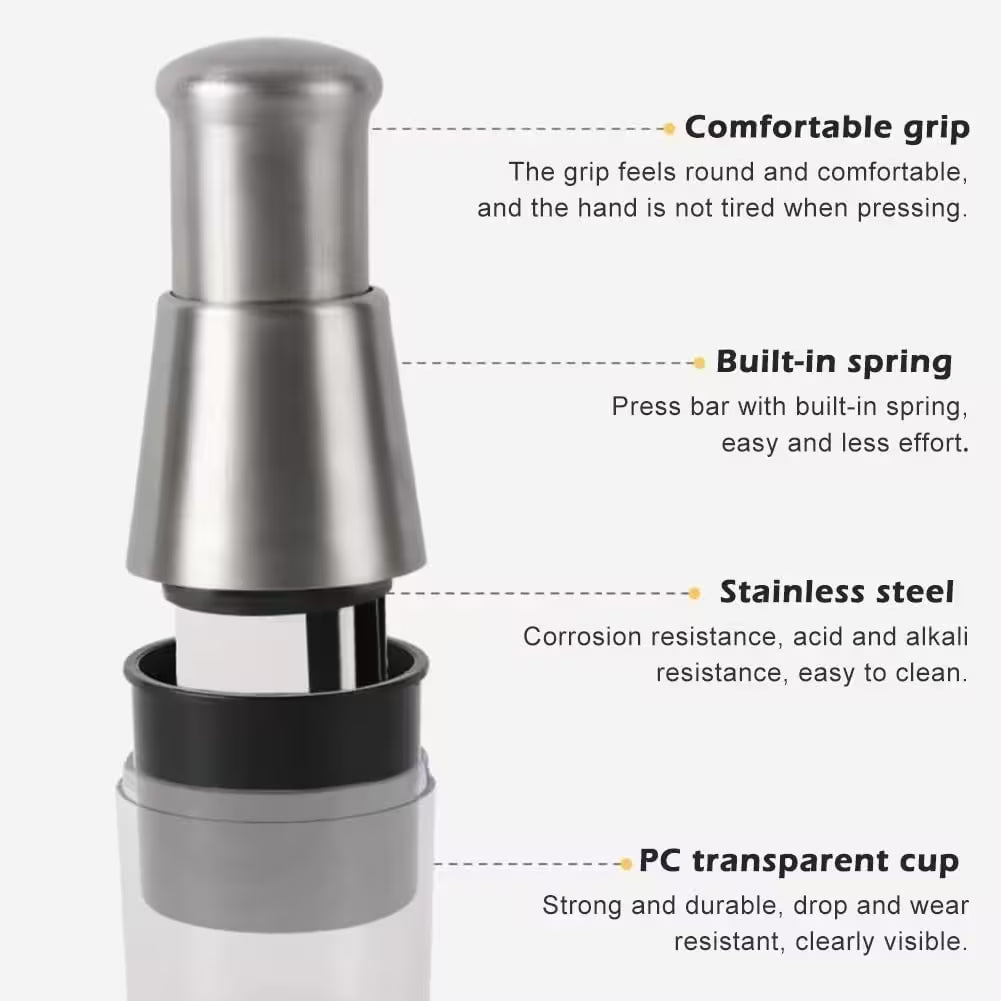 Stainless steel press with features highlighted on a white background