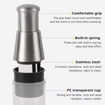 Stainless steel press with features highlighted on a white background