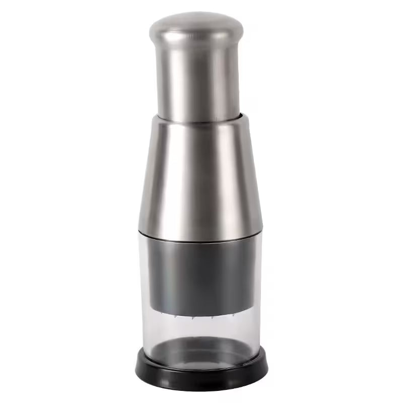 Stainless steel pepper grinder on a white background