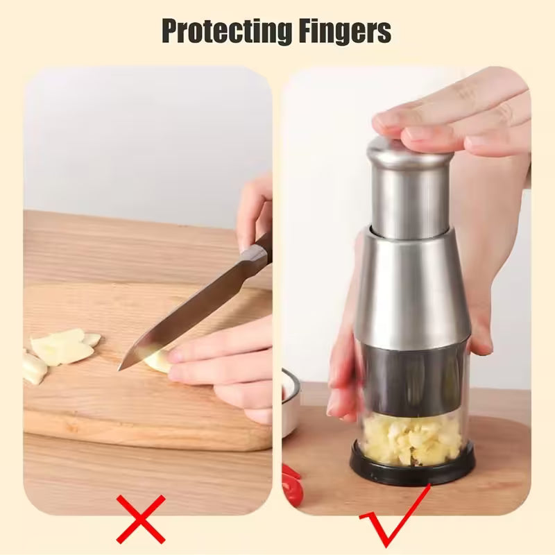 Comparison of using a garlic press versus cutting garlic with a knife on a wooden cutting board.