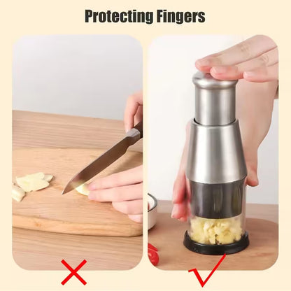 Comparison of using a garlic press versus cutting garlic with a knife on a wooden cutting board.