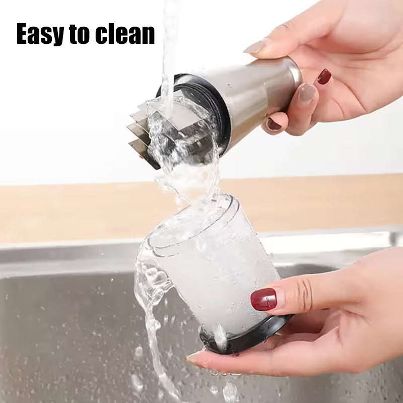 Person washing a glass with a cleaning brush under running water, with text 'Easy to clean' above.