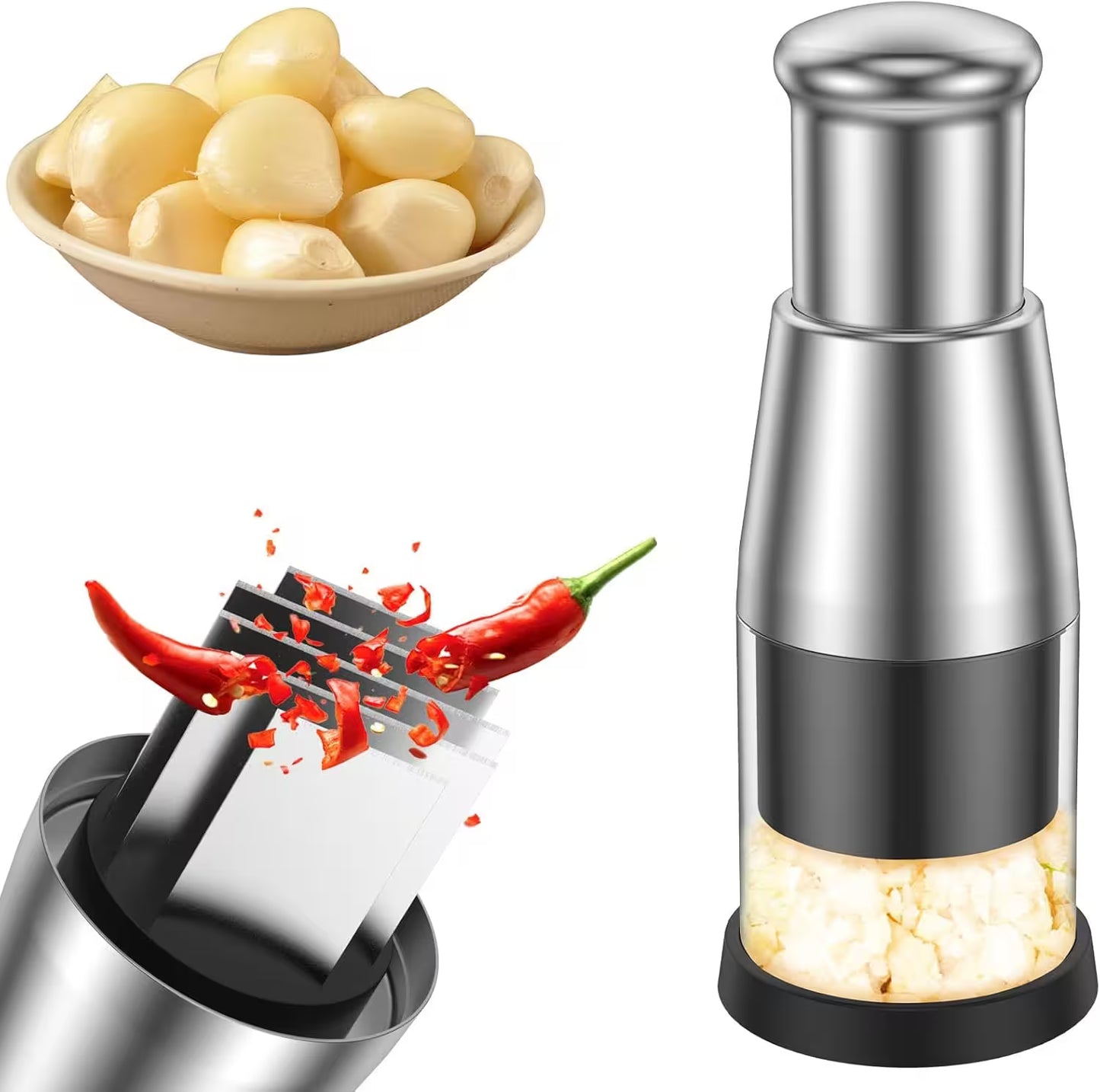 Stainless steel garlic press with garlic cloves and a red chili pepper on a white background