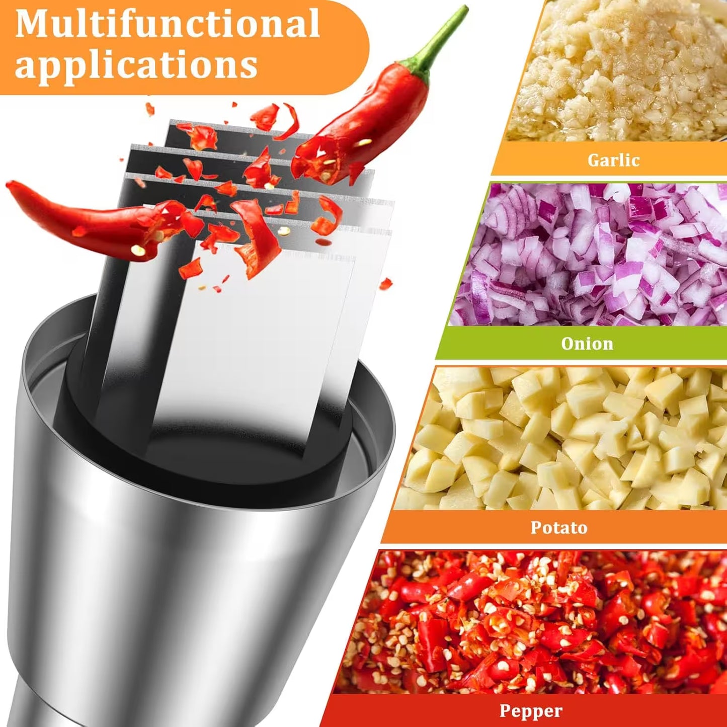 Multifunctional kitchen tool with images of chopped garlic, onion, potato, and pepper.