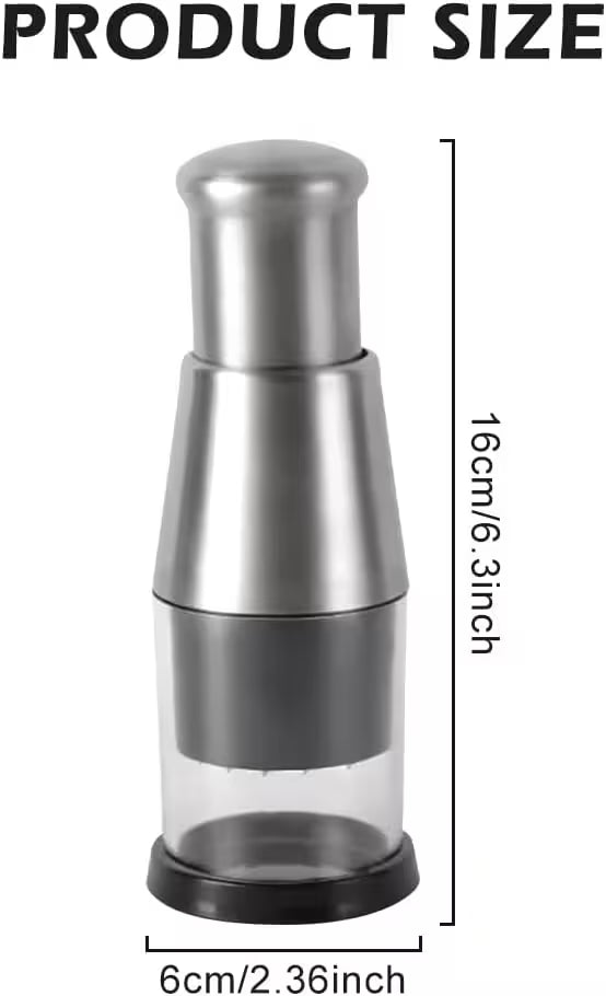 Silver and black pepper grinder with measurements on a white background
