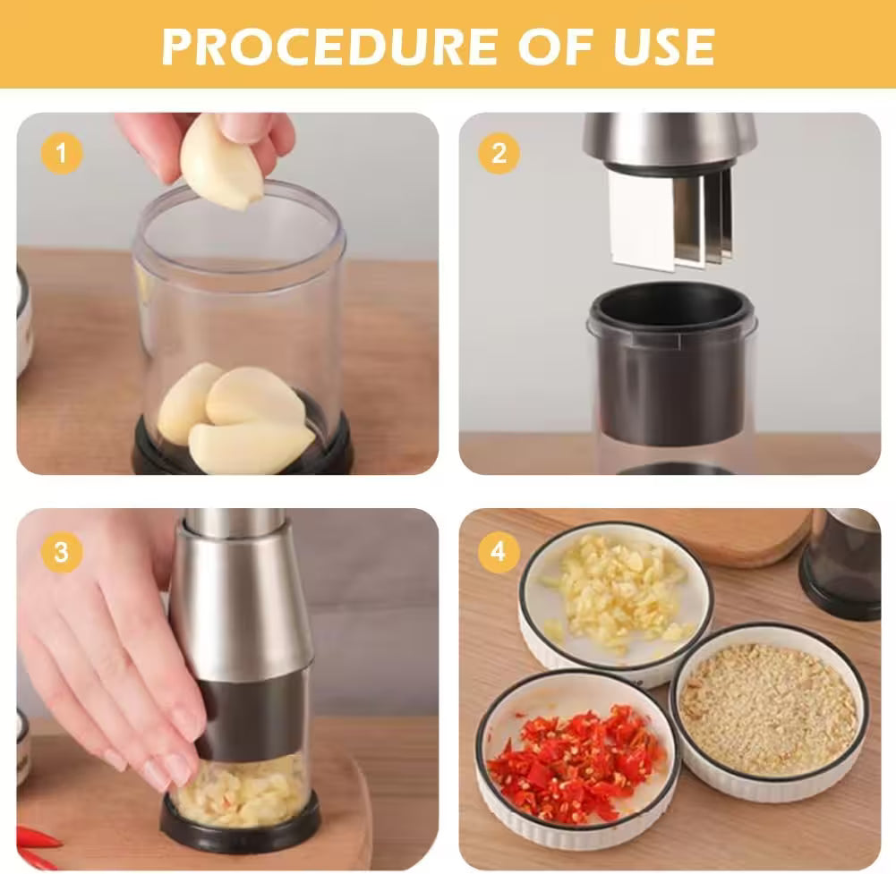 Step-by-step guide on using a garlic press with images of ingredients and the press itself.