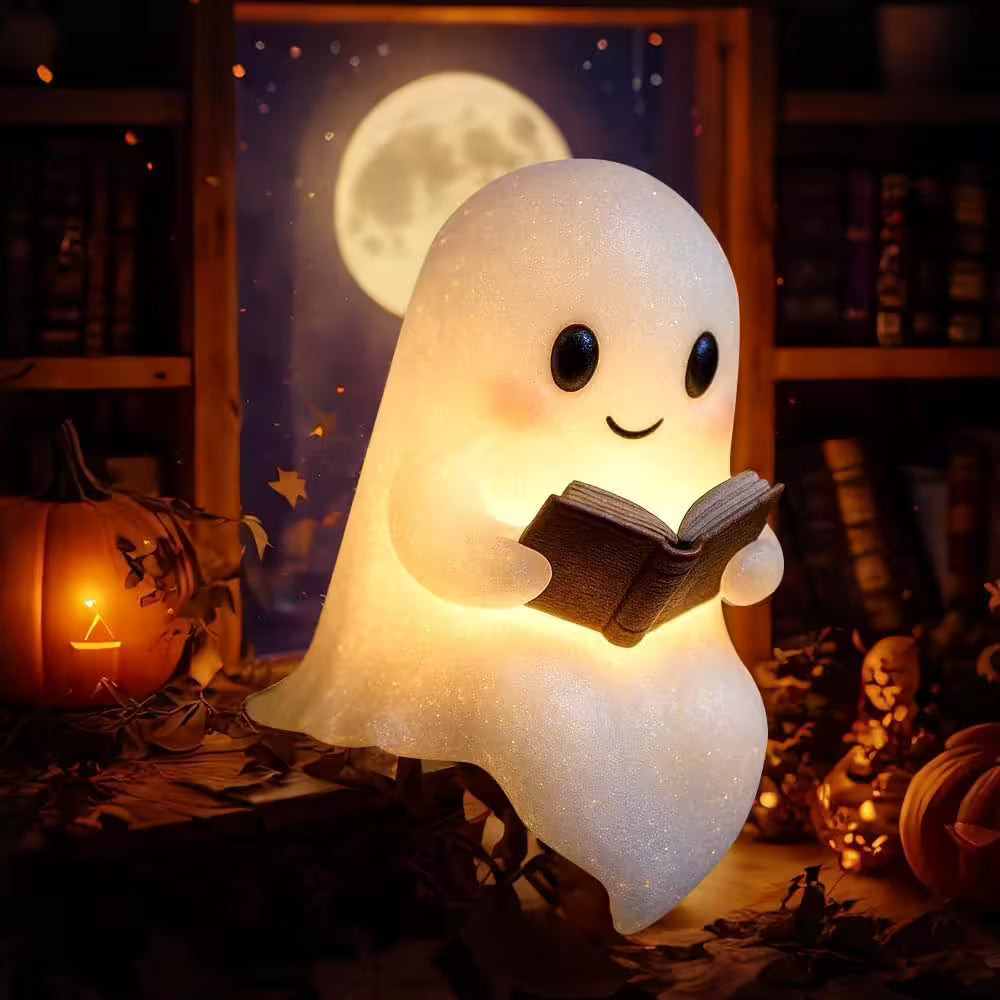 Ghost-shaped night light reading a book with pumpkins and a moonlit background
