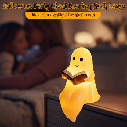 Ghost-shaped reading book lamp on a nightstand with a blurred background of people reading.