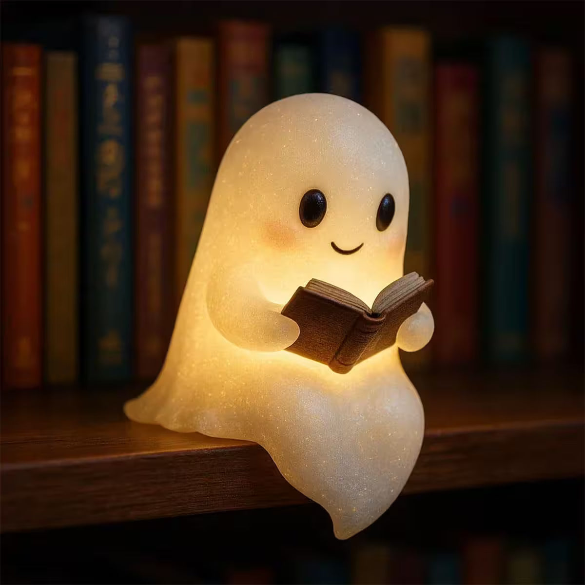 Ghost-shaped night light reading a book on a shelf with books in the background