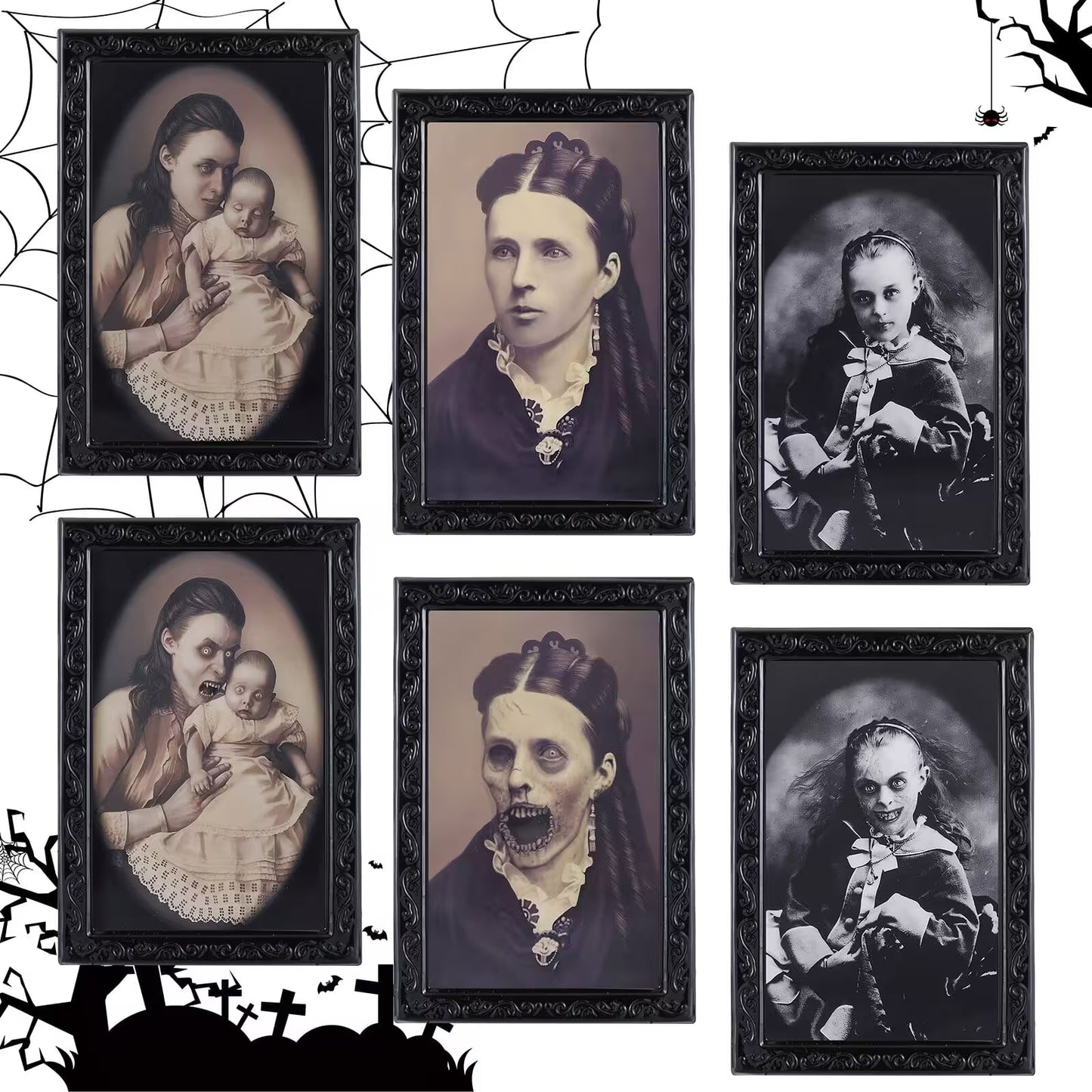 Set of framed black and white portraits with a Halloween-themed spider web and bats.