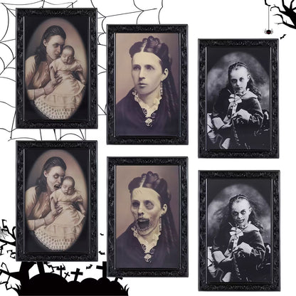 Set of framed black and white portraits with a Halloween-themed spider web and bats.